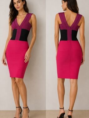 Herve Leger Bodycon Magenta, Plum and Black V-Neck Bandage Midi Dress